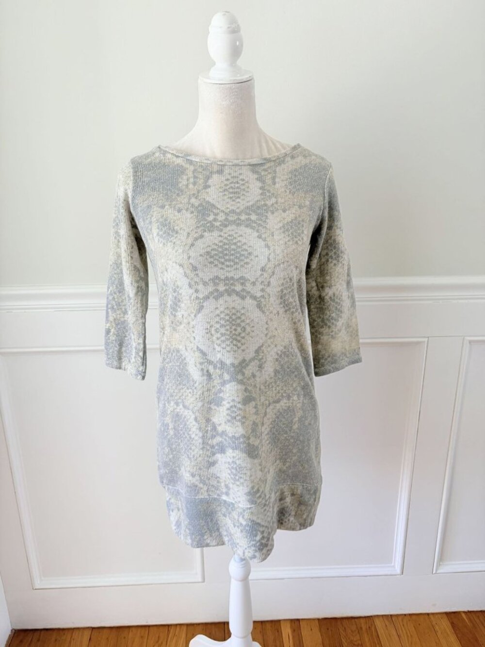 Zara Trafaluc M Gray Beige Snakeskin Print Mini Dress 3/4 Sleeves Brushed Knit E
